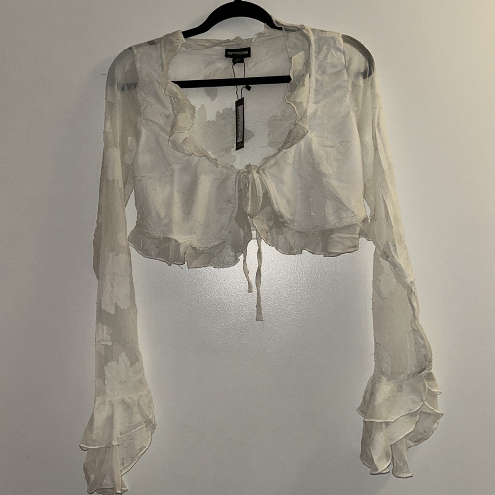 PrettyLittleThing White Sheer Ruffle Tie-Front Crop Top